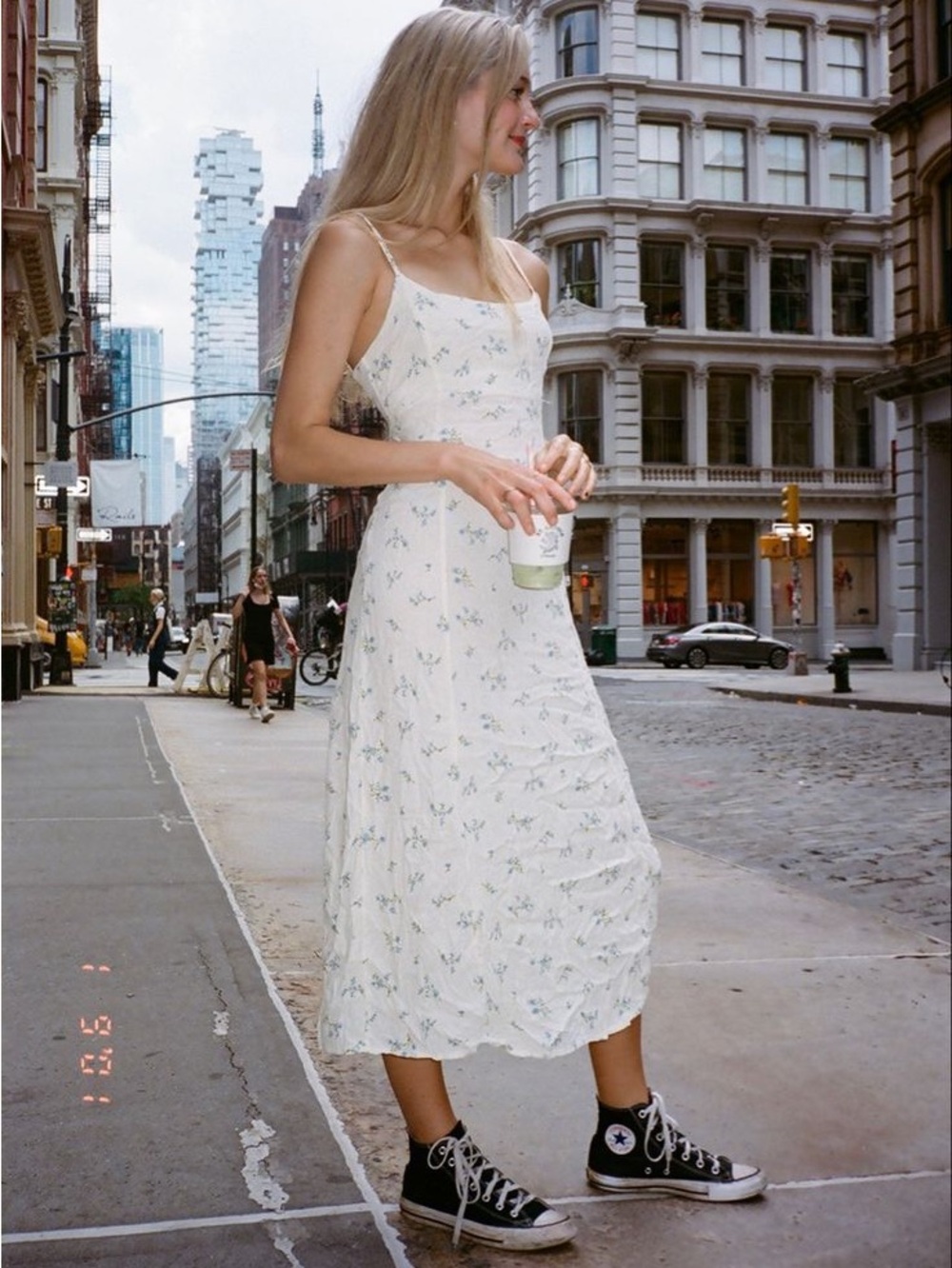 HESPERUS White + Blue Dainty Floral Cotton Corset-Back Summer Dress S/M